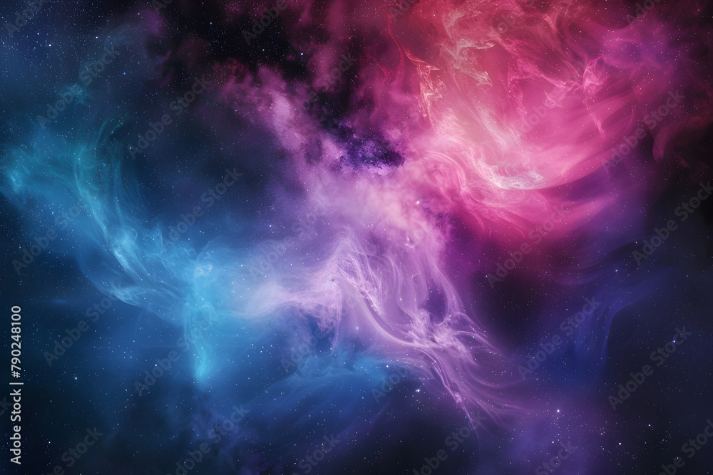 Vibrant pink and blue neon galaxy swirling on black background. Stunning abstract artwork.