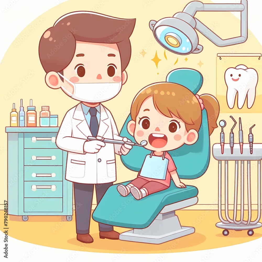 child at the dentist, dental treatment, kind doctor, illustration
child at the dentist, dental treatment, kind doctor, illustration