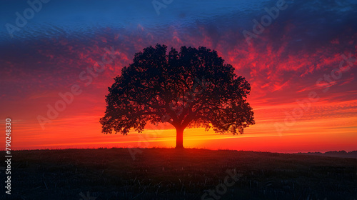 The silhouette of a single tree on a hilltop, captured against the vibrant colors of a sunrise sky