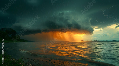 The sudden onset of a squall line over a lake, the dark clouds moving rapidly and the water churning in response