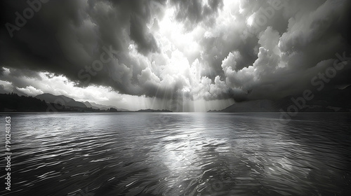 The sudden onset of a squall line over a lake, the dark clouds moving rapidly and the water churning in response photo