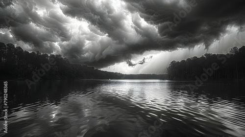 The sudden onset of a squall line over a lake, the dark clouds moving rapidly and the water churning in response