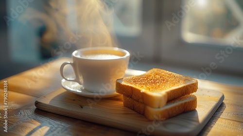 A cup of coffee sits beside the toast, steam rising lazily from its surface, completing the perfect breakfast tableau 8K , high-resolution, ultra HD,up32K HD photo