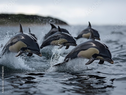 A group of dolphins are leaping out of the water. Concept of freedom and joy as the dolphins play and swim in the ocean