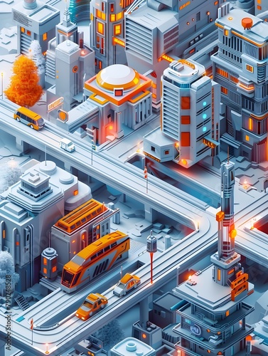 Captivating Isometric Art Depicting a Visionary Futuristic Cityscape with Intricate Architectural Designs and Advanced Transportation Systems © kittipoj