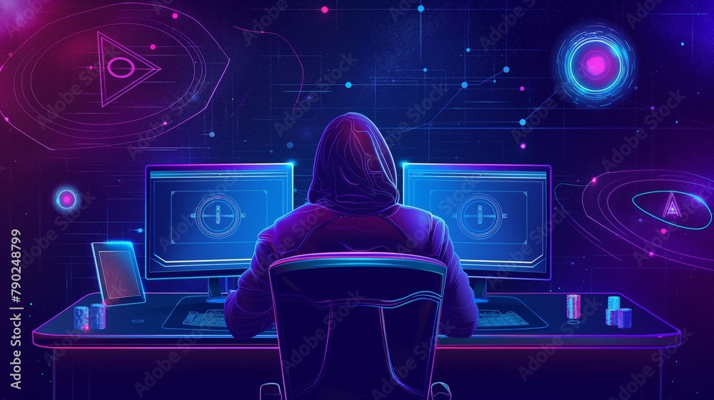 Fototapeta premium Cybersecurity concept with hacker in dark room