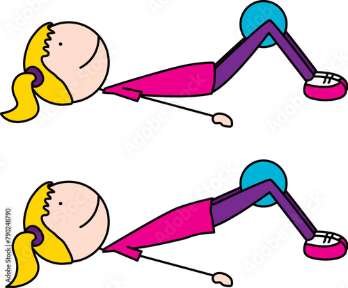 Cartoon vector illustration of a girl exercising - bridge with medicine ball between knees