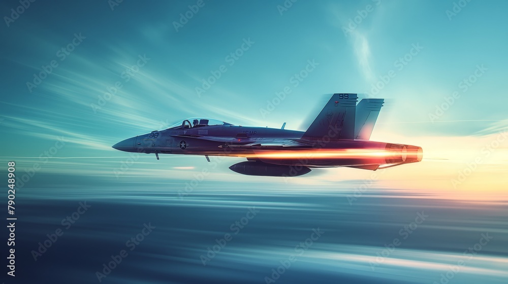 Military Fighter Jet Flying at Sunset Military Fighter Jet Flying at Sunset