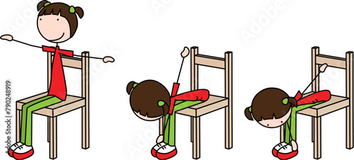 Cartoon vector illustration of a girl exercising - chair ankle taps