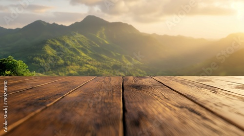 Rustic Wooden Planks Leading to Majestic Mountains at Sunrise