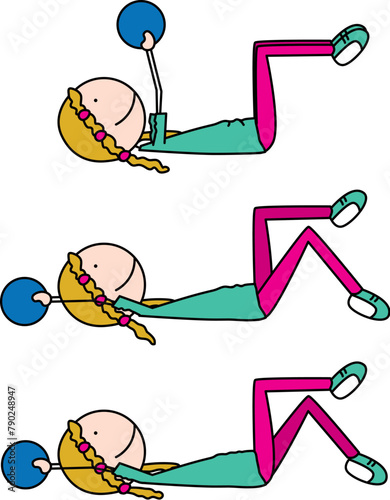 Cartoon vector illustration of a girl exercising - toe tap with medicine ball lying on the floor