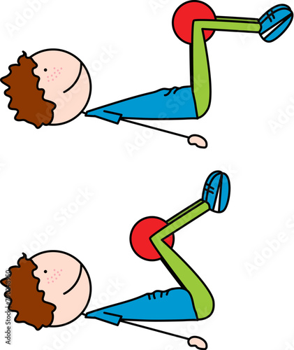 Cartoon vector illustration of a boy exercising - reverse crunch with medicine ball between knees
