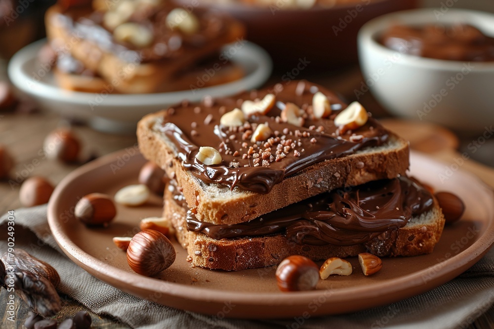Looking at the hazelnut chocolate spread toast, one can almost taste the sweet, nutty flavor and feel the crunch of the toast beneath 8K , high-resolution, ultra HD,up32K HD