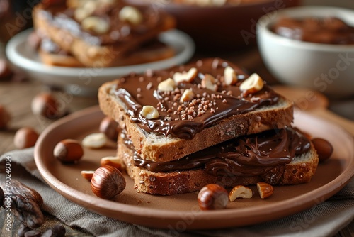 Looking at the hazelnut chocolate spread toast, one can almost taste the sweet, nutty flavor and feel the crunch of the toast beneath 8K , high-resolution, ultra HD,up32K HD