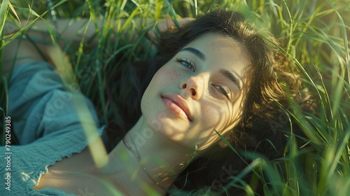 Looking at the woman resting in the grass, one cant help but feel a sense of calm and contentment wash over them 8K , high-resolution, ultra HD,up32K HD