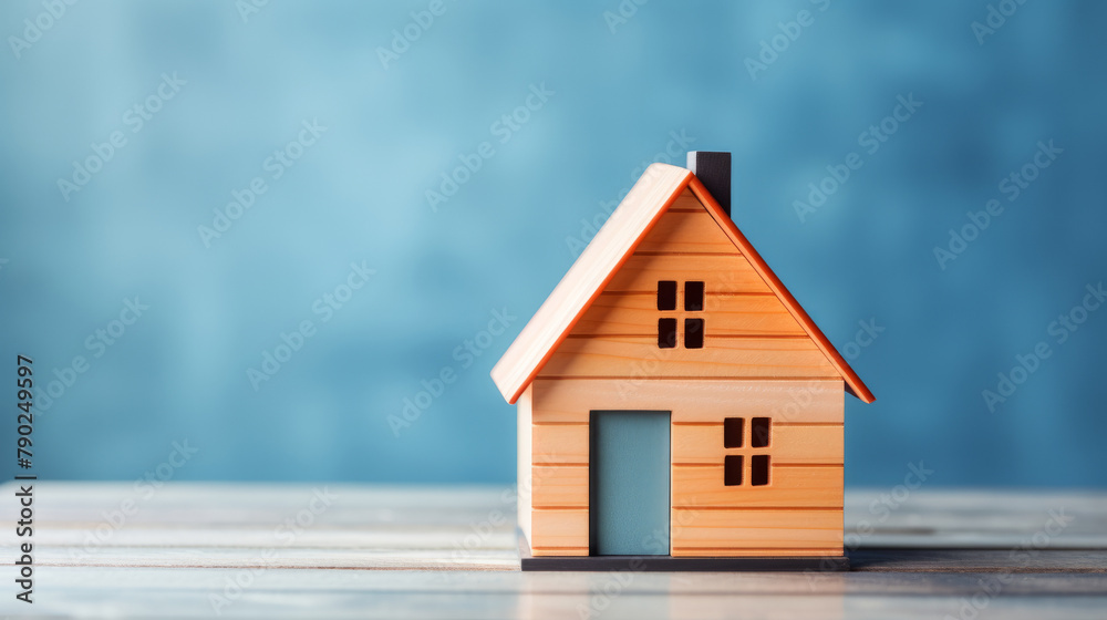 Simplistic wooden house model against soft blue background, clarity and stability in property. Homeownership dreams and real estate investment. Banner with copy space Simplistic wooden house model against soft blue background, clarity and stability in property. Homeownership dreams and real estate investment. Banner with copy space