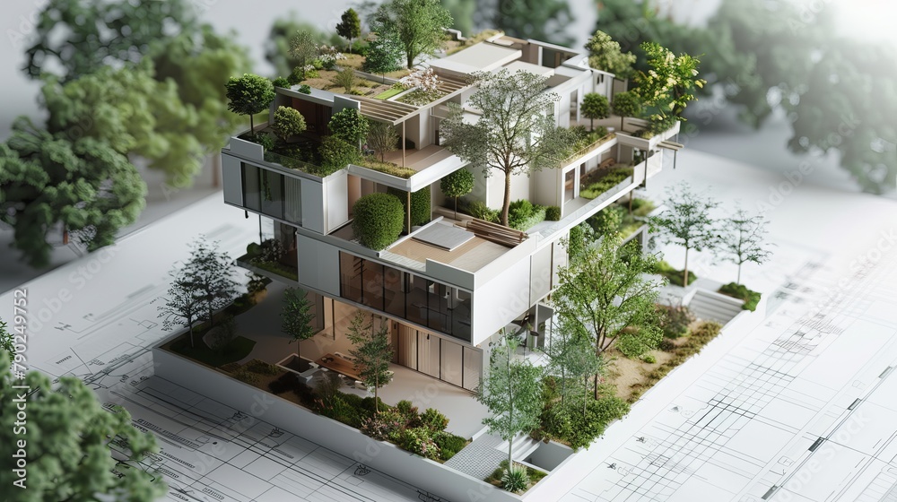 3D model of a contemporary, authentic building block mock-up with a garden placed atop blueprints and paperwork