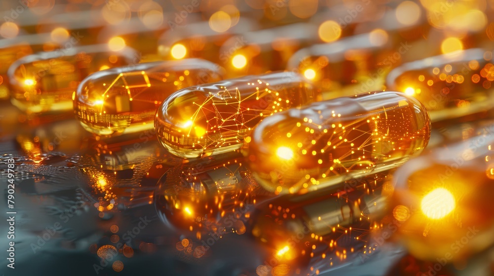 Close-up of illuminated gel capsules surrounded by a warm bokeh effect, creating a magical healthcare atmosphere. Close-up of illuminated gel capsules surrounded by a warm bokeh effect, creating a magical healthcare atmosphere.