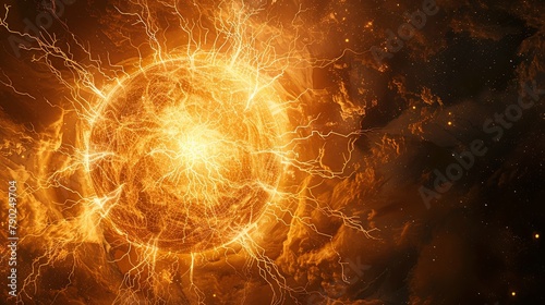 A fiery orb encircled by dynamic plasma trails against a cosmic backdrop, symbolizing energy and perpetual motion. © soysuwan123