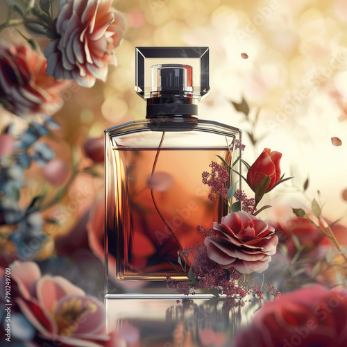 Square perfume bottle with black round top. patchouli, sandalwood, chocolate, poppy flower, rose and orris perfume. photo