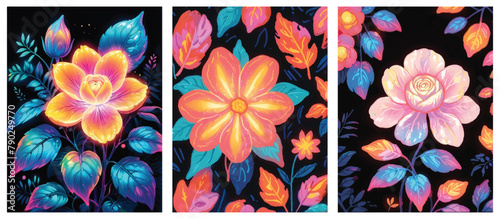 Set of Seamless Patterns with neon glow. Eternal Garden. Collection of Beautiful and Modern Seamless Vector Backgrounds of Plants and Flowers.