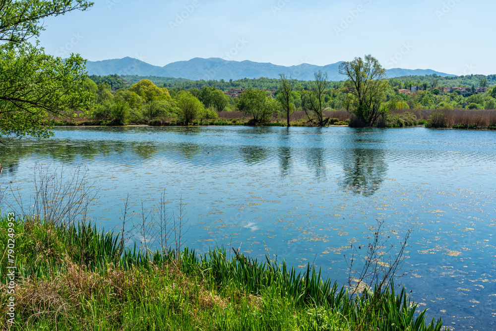 Idyllic view at Posta Fibreno Lake Natural Reserve. In the province of Frosinone, Lazio, Italy.