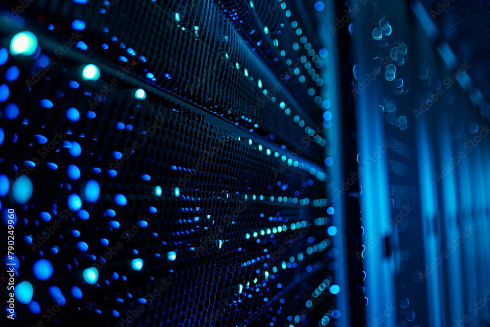 close-up photo of the glowing LEDs of a server rack against a deep blue ...