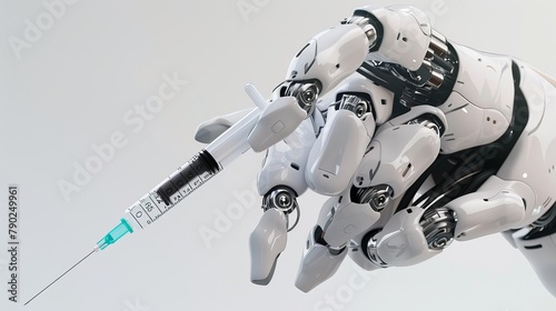Robotic hand holding a medical syringe in a 3D rendering