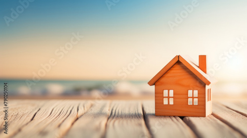 Coastal scene.Tiny wooden house on sandy shore with waves gently lapping at base, embodying beachfront property dreams, opportunity to travel and change living locations. Banner with copy space