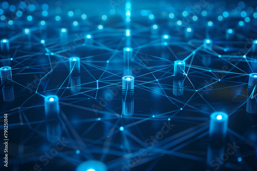 glowing nodes of a network diagram against a deep blue tech background, representing the interconnectedness of devices and systems in the digital ecosystem.