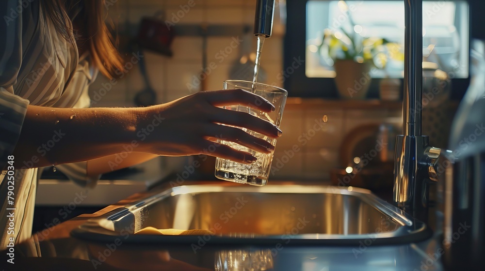 A stream of drinkable, pure water enters the glass. A woman in the kitchen is holding a glass of water under the running tap. - obrazy, fototapety, plakaty 