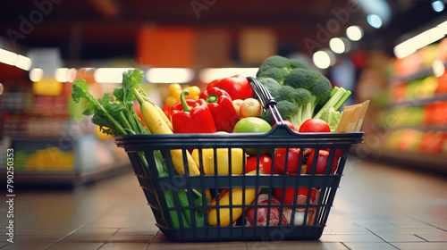 fresh vegetable in basket on blur supermarket background photo