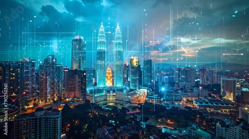 A holographic hologram of abstract technology icons surrounds a panoramic view of Kuala Lumpur, Malaysia, Asia. Concept of connections and networking among individuals. Double exposure. 