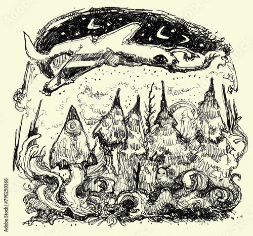 Sketchbook traditional art, original illustration created by human. Can be used as background or cover, clothes design, or other. Gothic art, magical sketch. Wall design, desktop design. 