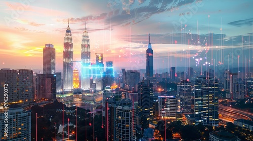 A holographic hologram of abstract technology icons surrounds a panoramic view of Kuala Lumpur, Malaysia, Asia. Concept of connections and networking among individuals. Double exposure. 