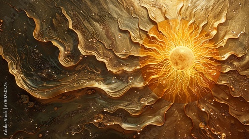 Golden explosion with fluid art patterns on a brown abstract background. Artistic design concept suitable for dynamic energy themes and creative projects.