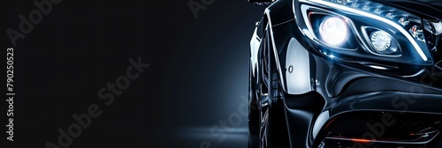 banner with a black background and an automobile headlight. luxury vehicle sales, rentals, and advertising at a dealer center.