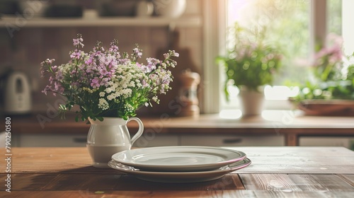 Lovely dishes and a bouquet on the kitchen table photo