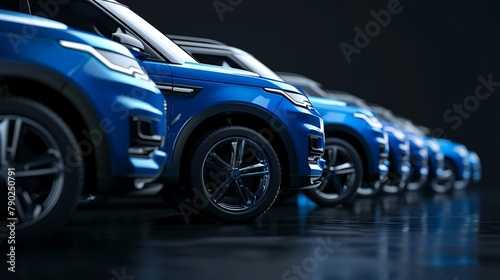 A row of blue SUVs is in position. fleet of standard modern vehicles. Transportation. Fleet of luxury off-road vehicles is made up of generic, nameless vehicles. isolated on black background