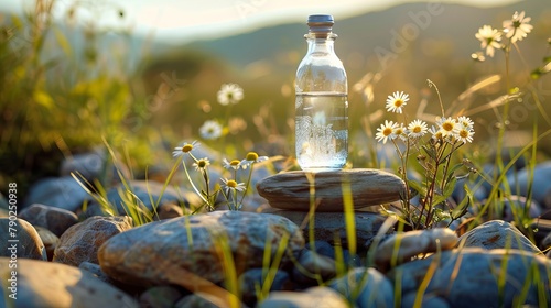 Selective focus on a clean water bottle resting atop stacked stones. A glass bottle containing pure drinking water surrounded by verdant grass and new wildflowers. photo