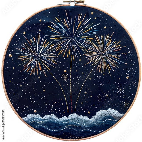 Fireworks embroidery stablized in embroidery hoop on a white background.