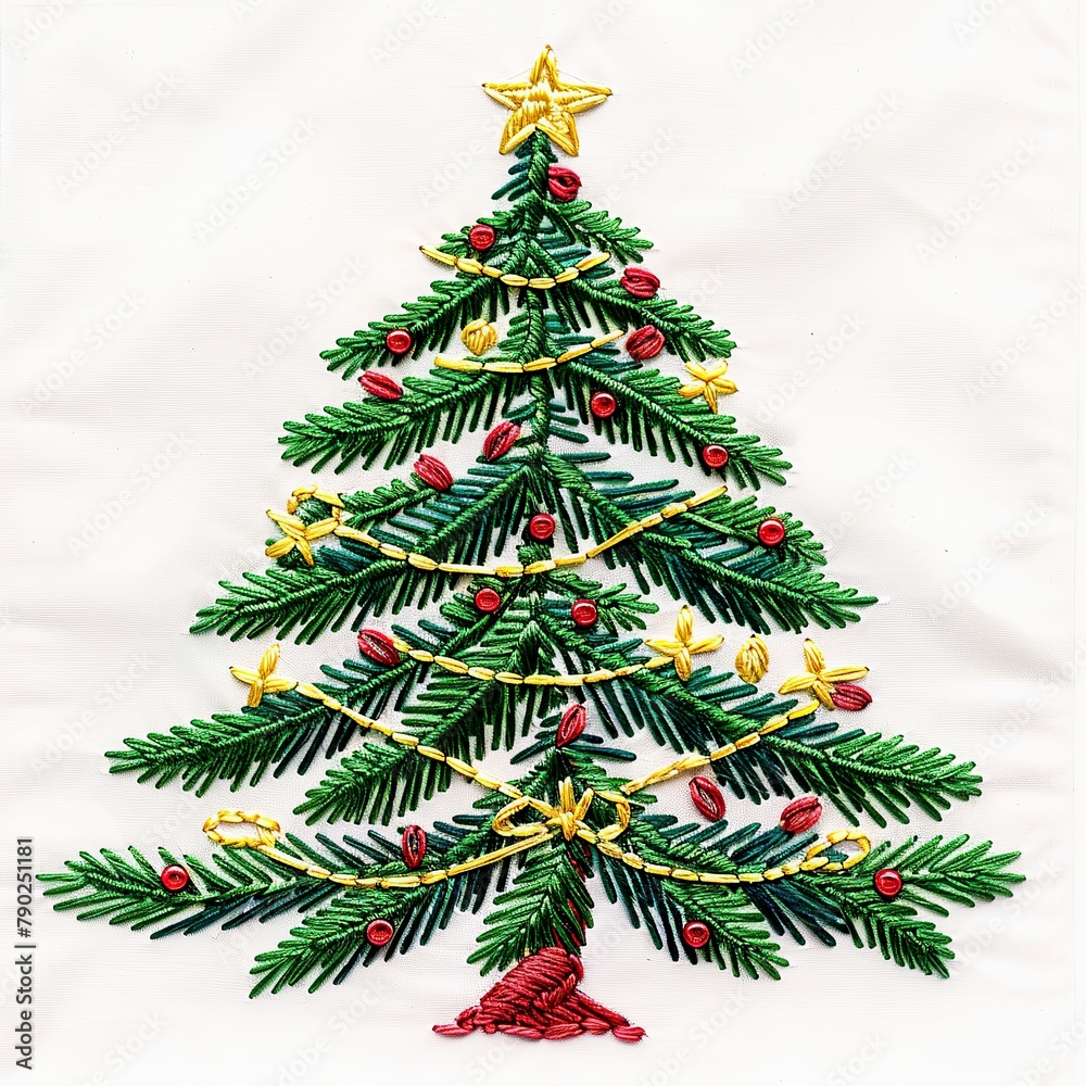 Festival embroidery of a decorated tree on a white background, for use in holiday designs such s Christmas. Festival embroidery of a decorated tree on a white background, for use in holiday designs such s Christmas.