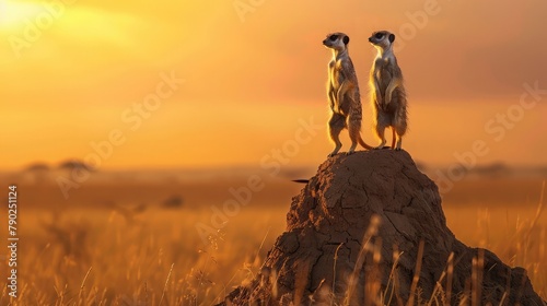 A pair of curious meerkats standing alert atop a sun-baked termite mound, their watchful eyes scanning the horizon for signs of danger or opportunity in the vast African savanna. photo