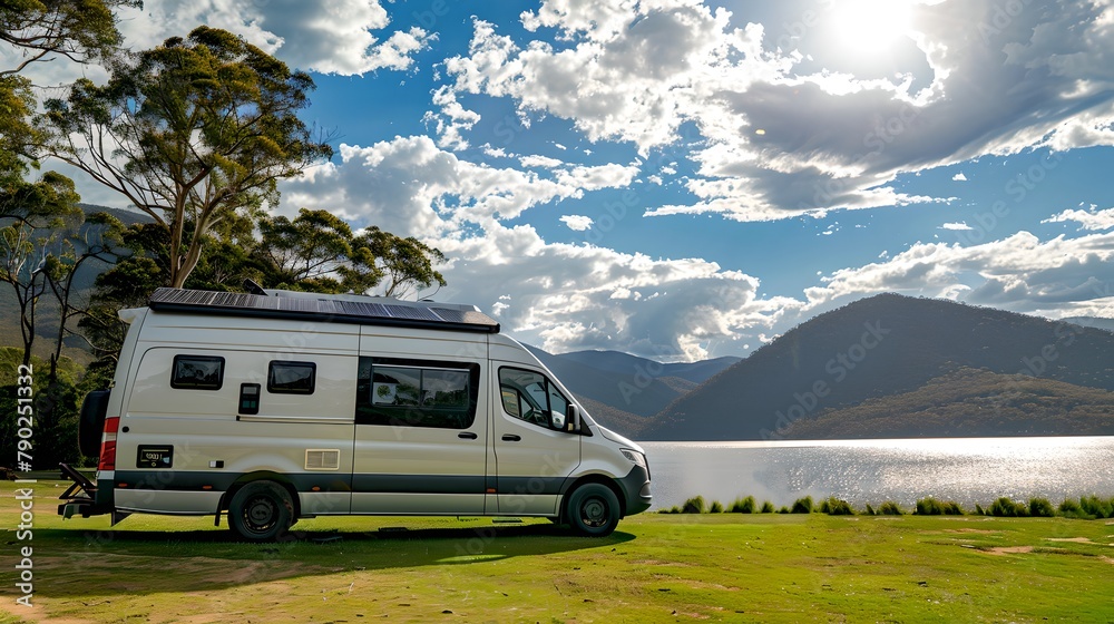 Adventure awaits in a serene landscape, camper van beside a tranquil lake. A journey into nature's embrace, a moment of peace captured. Ideal for travel and lifestyle themes. AI