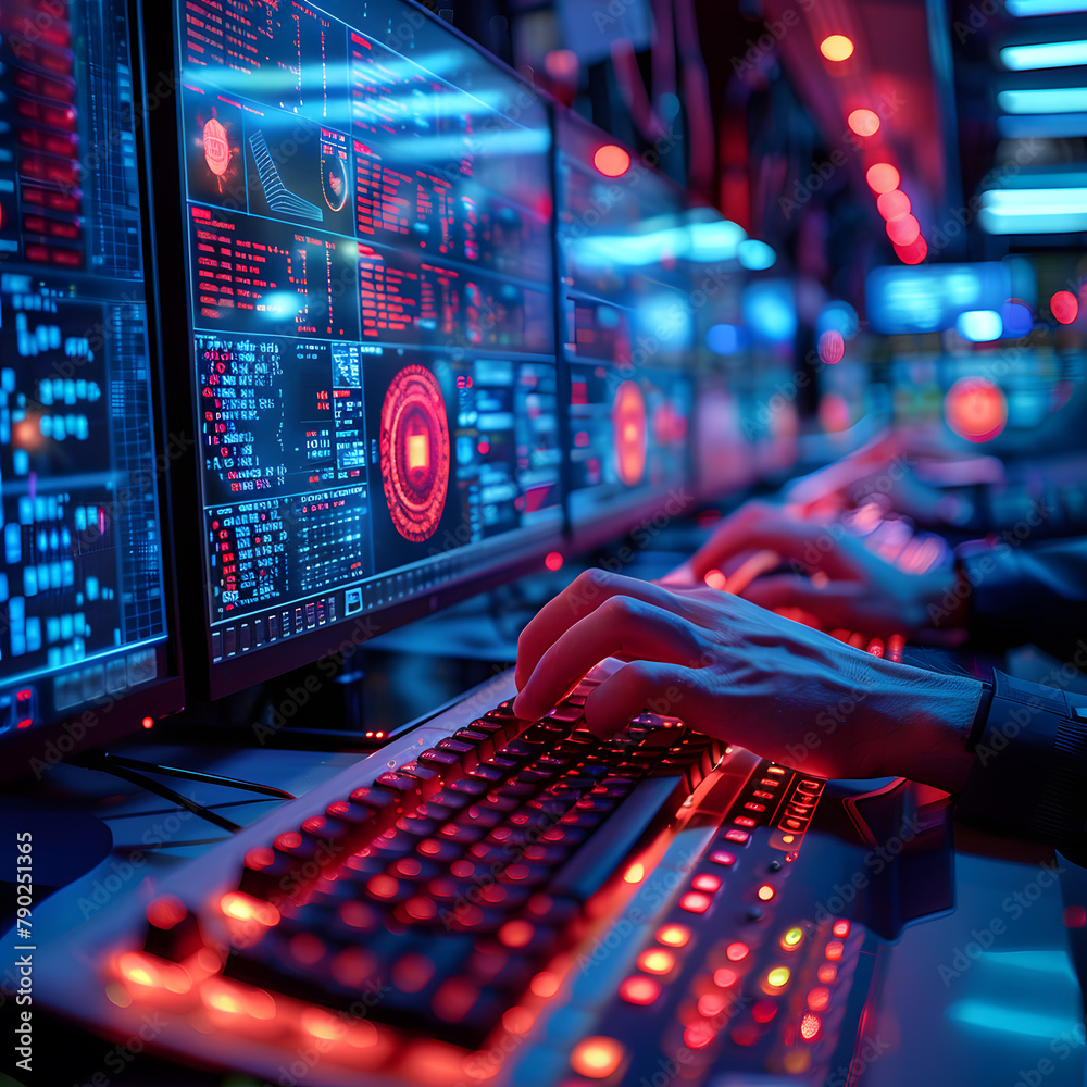 High-Security Tech Hub: Hands Working on Encryption and Firewall Protection High-Security Tech Hub: Hands Working on Encryption and Firewall Protection