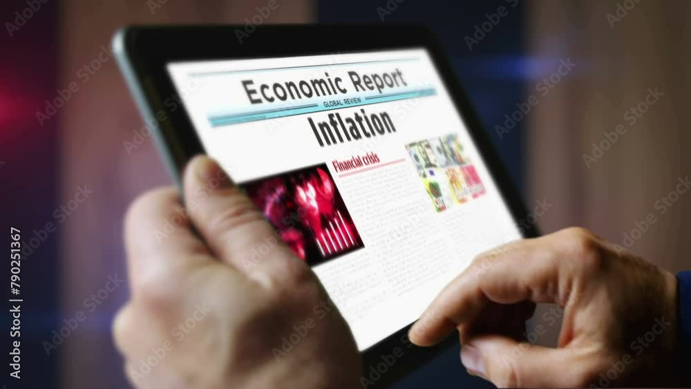 Inflation economy crisis prices increase daily newspaper reading on mobile tablet computer screen. Man touch screen with headlines news abstract concept 3d. Inflation economy crisis prices increase daily newspaper reading on mobile tablet computer screen. Man touch screen with headlines news abstract concept 3d.