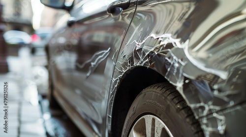 close-up of the silver-grey car's scratches from hitting the building's edge