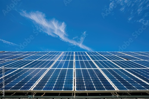 Close-up of solar panels under a streaked sky