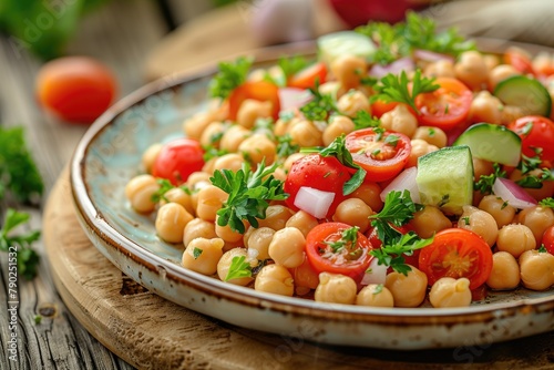 Chickpea salad with tomatoes, cucumber, parsley, onions in a plate, selective focus. Healthy vegetarian food.