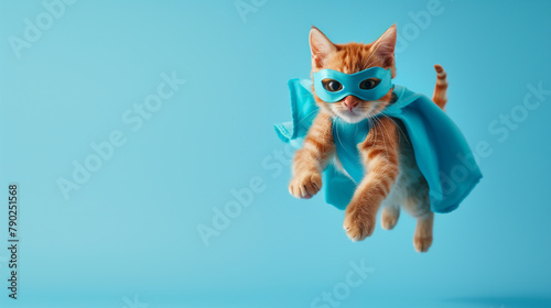 tipped tabby cat with blue superhero cloth flying on a blue background © HillTract